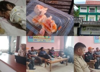 Kolase foto kasus dugaan mark up di Puskesmas Pandau Jaya yang menampilkan seorang balita (kiri atas), contoh makanan tambahan (PMT) yang diduga tidak layak (tengah atas), tampak depan gedung Puskesmas Pandau Jaya (kanan atas), dan suasana pertemuan konfrontasi (bawah).