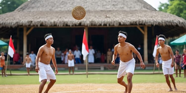 Ilustrasi tiga pemuda mengenakan pakaian tradisional dan kepala ikat sedang bertanding Sepak Takraw di lapangan beralaskan tanah dengan latar bangunan beratap rumbia serta bendera Indonesia