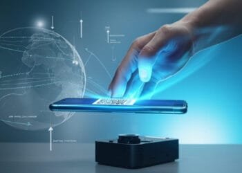 Smartphone memindai QR code Digital Product Passport pada produk elektronik