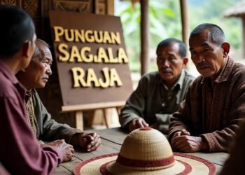 Ilustrasi Para tetua adat Marga Sagala Raja sedang duduk bersama dalam sebuah pertemuan atau punguan untuk membahas berbagai hal terkait adat dan tradisi
