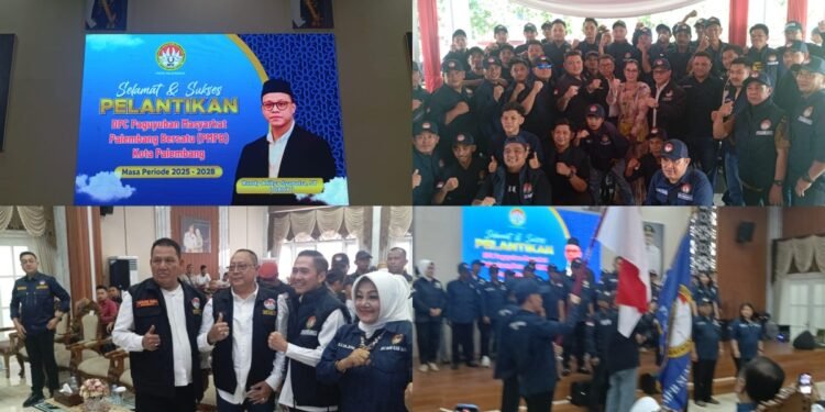 Kolase foto dokumentasi pelantikan Dewan Pimpinan Cabang DPC Paguyuban Masyarakat Palembang Bersatu PMPB Kota Palembang masa jabatan 2025 2028 di Rumah Dinas Wali Kota Palembang