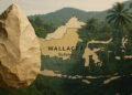Ilustrasi alat batu purba hasil rekonstruksi digital yang ditemukan di Sulawesi, dengan latar peta Wallacea dan lanskap hutan tropis, merepresentasikan konteks lingkungan tempat hominin purba pernah hidup.