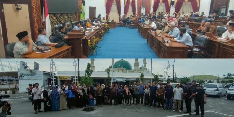 Suasana Rapat Dengar Pendapat RDP lintas komisi di DPRD Dumai yang membahas sengketa lahan Jalan Sudirman Bawah Warga yang tergabung dalam Forum Perjuangan Tanah Sudirman berfoto bersama di luar gedung DPRD