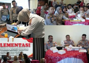 Suasana kegiatan implementasi pelaksanaan mutasi jabatan di satker dan jajaran Polda Sumsel yang disampaikan oleh Kabag Binkar Ro SDM Polda Sumsel, AKBP Dr. Erwin Aras Genda.