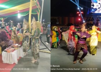 Kolase foto suasana kemeriahan Pentas Budaya Multi Etnik 2025 di Taman Bukit Gelanggang, Dumai, Sabtu (30/8/2025) malam.