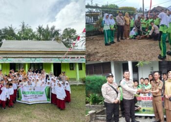 Kolase foto kegiatan program Green Policing yang dilaksanakan Polres Dumai bersama siswa-siswi di MI Al-Ikhlasyiah, Kecamatan Bukit Kapur, dan SDN 007 Purnama, Kecamatan Dumai Barat.