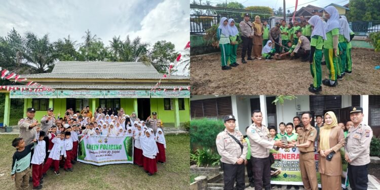 Kolase foto kegiatan program Green Policing yang dilaksanakan Polres Dumai bersama siswa siswi di MI Al Ikhlasyiah Kecamatan Bukit Kapur dan SDN 007 Purnama Kecamatan Dumai Barat