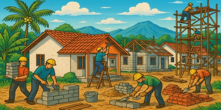 Ilustrasi program rumah subsidi pemerintah Indonesia dengan pekerja konstruksi membangun rumah bersubsidi