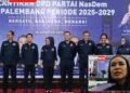 Hj Sabia Afriyana SE MM Anggota DPRD Kota Palembang memberikan keterangan pers usai menghadiri Pelantikan DPD Partai Nasdem Kota Palembang periode 2025 2029 di Hotel Swarna Dwipa Sabtu 3082025
