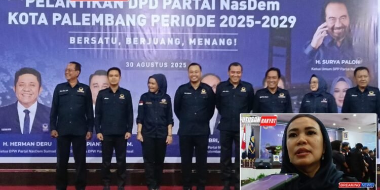 Hj Sabia Afriyana SE MM Anggota DPRD Kota Palembang memberikan keterangan pers usai menghadiri Pelantikan DPD Partai Nasdem Kota Palembang periode 2025 2029 di Hotel Swarna Dwipa Sabtu 3082025