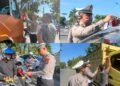 Semarak Kemerdekaan Satlantas Polres Kampar Edukasi dan Bagi Bendera Merah Putih di Bangkinang Kota - Utusan Rakyat Personel Satlantas Polres Kampar saat membagikan bendera Merah Putih dan memberikan edukasi keselamatan berlalu lintas kepada pengguna jalan di Bangkinang Kota