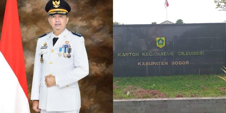 Foto kiri Camat Cileungsi Adi Hendrayana Foto kanan Kantor Kecamatan Cileungsi Kabupaten Bogor