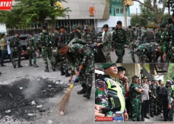Danrem 044/Gapo, Brigjen TNI Adri Koesdyanto bersama jajaran memantau langsung situasi sementara personel TNI membersihkan sisa pembakaran ban setelah aksi unjuk rasa damai di depan Gedung DPRD Sumsel, Palembang, Senin (1/9/2025).