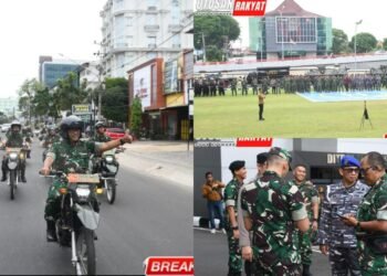 Kolase foto kegiatan Danrem 044/Gapo Brigjen TNI Adri Koesdyanto bersama jajaran saat memimpin patroli dan apel pengecekan personel untuk pengamanan aksi damai di Kota Palembang.