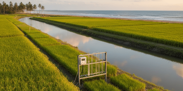 Ilustrasi hamparan sawah padi di pesisir dekat pantai dengan kanal irigasi air payau dan panel pengukur salinitas