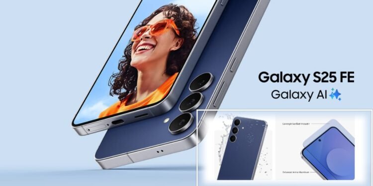 Unit Samsung Galaxy S25 FE berwarna Navy dalam sudut tampak depan dan belakang Pada tampak depan terlihat layar Dynamic AMOLED 2X dengan bezel tipis sementara tampak belakang menonjolkan tiga kamera 50 MP utama 12 MP ultrawide 8 MP telefoto yang disusun vertikal dengan modul cincin logam dilengkapi rangka aluminum yang kokoh serta lapisan Gorilla Glass Victus+ untuk ketahanan optimal