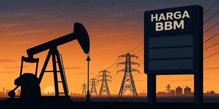 Siluet pumpjack minyak di horizon senja di sisi kiri menyeberang ke deretan menara transmisi listrik - Utusan Rakyat 001 - Utusan Rakyat Siluet pumpjack minyak di horizon senja di sisi kiri menyeberang ke deretan menara transmisi listrik