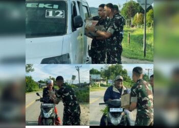 Pagi Berkah Yonif TP 908/Pertaki, Prajurit Berbagi Sarapan dan Air Mineral kepada Masyarakat